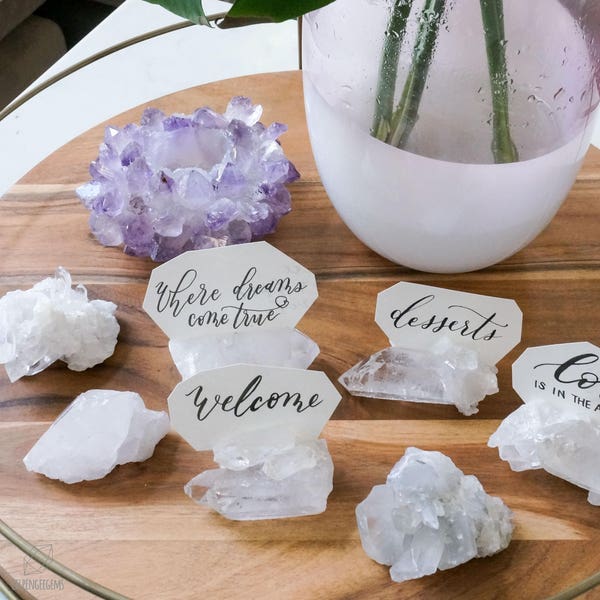 Crystal quartz place card holders. wedding decor. name tags holder sign stand crystal base