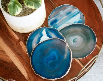 24K GOLD rim coaster set green blue coasters tg01 Teal agate coasters white crystal gem coasters luxury home decor gift