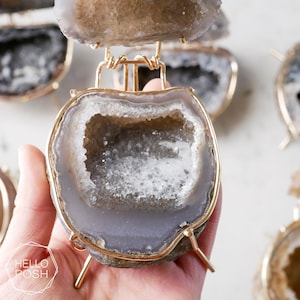 Large Geode Jewelry Box with Gold Stand: Shimmering Druzy Crystals