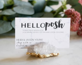 Gold PLATED Crystal quartz card holders. wedding decor. name tags holder sign stand crystal base