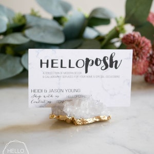 Gold PLATED Crystal quartz card holders. wedding decor. name tags holder sign stand crystal base