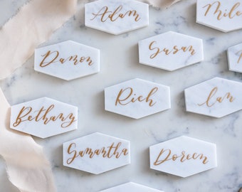 3" Marble Mini Hexagon place Cards. Wedding escort cards. Marble Tile modern calligraphy