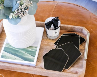 Schwarze Obsidian-Untersetzer mit Goldrand, 4er-Set, geometrische Stein-Untersetzer, Edelstein-Wohndekoration, Einzugsgeschenk