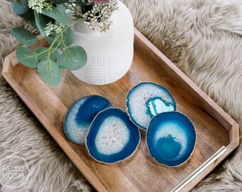 24K GOLD rim coaster set green blue coasters tg01 Teal agate coasters white crystal gem coasters luxury home decor gift