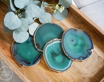 24K GOLD rim coaster set green blue coasters tg01 Teal agate coasters white crystal gem coasters luxury home decor gift