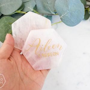 Large Rose quartz HEXAGON place cards. light pink quartz wedding decor. name tags wedding escort cards quartz slices geometric calligraphy image 9