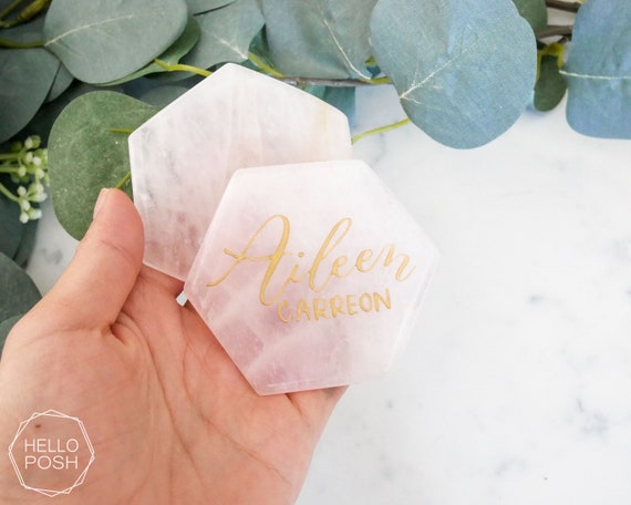 Large Rose quartz HEXAGON place cards. light pink quartz wedding decor. name tags wedding escort cards quartz slices geometric calligraphy