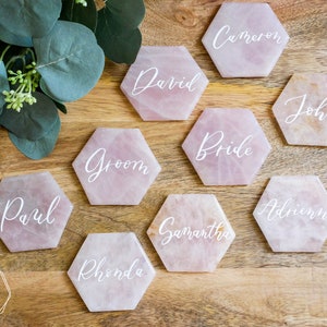 Large Rose quartz HEXAGON place cards. light pink quartz wedding decor. name tags wedding escort cards quartz slices geometric calligraphy image 2