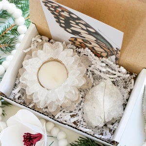 CRYSTAL LOVER gift set. crystal quartz lotus candle holder. crystal card holder. gift box. gift basket image 1