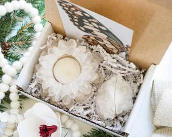 CRYSTAL LOVER gift set. crystal quartz lotus candle holder. crystal card holder. gift box. gift basket