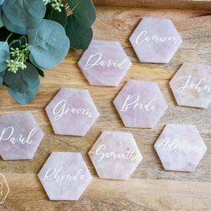 Large Rose quartz HEXAGON place cards. light pink quartz wedding decor. name tags wedding escort cards quartz slices geometric calligraphy image 5