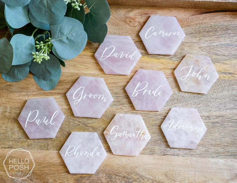 Large Rose quartz HEXAGON place cards. light pink quartz wedding decor. name tags wedding escort cards quartz slices geometric calligraphy image 5