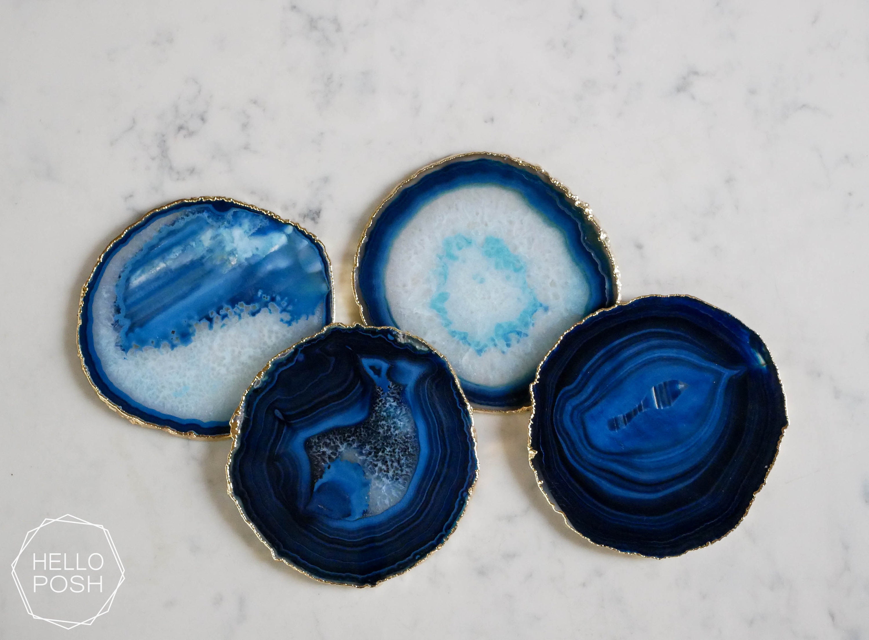 Bg04 Blue agate coasters. white crystal gem coasters. GOLD rim Etsy