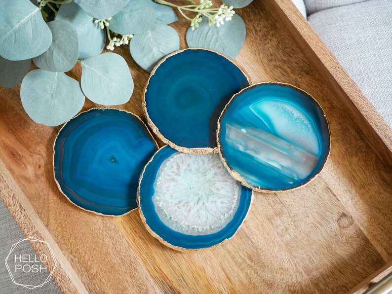 24K GOLD rim coaster set green blue coasters tg01 Teal agate coasters white crystal gem coasters luxury home decor gift