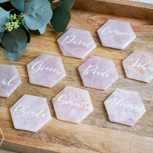 Large Rose quartz HEXAGON place cards. light pink quartz wedding decor. name tags wedding escort cards quartz slices geometric calligraphy image 3