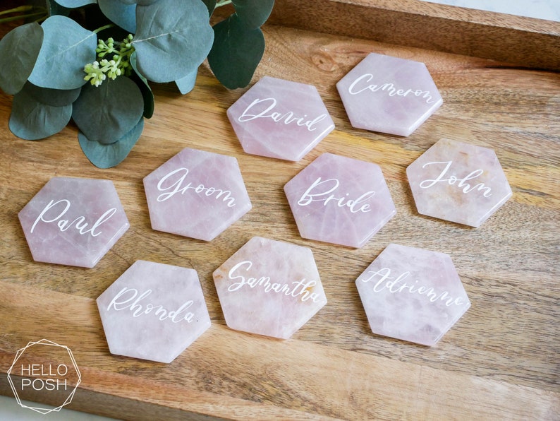 Large Rose quartz HEXAGON place cards. light pink quartz wedding decor. name tags wedding escort cards quartz slices geometric calligraphy image 3