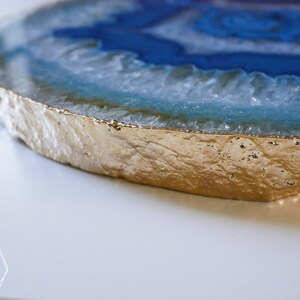 BG08 Blue agate platter with GOLD rim. gemstone trivet. Blue agate cheese plate home decor image 4