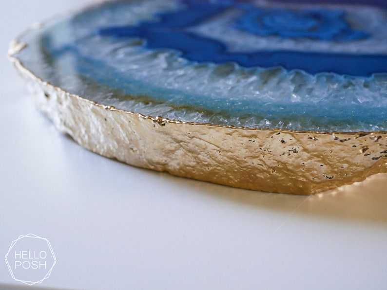 BG08 Blue agate platter with GOLD rim. gemstone trivet. Blue agate cheese plate home decor image 4