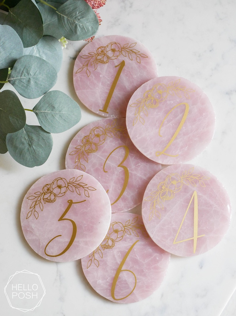 Rose quartz table number. Wedding event decor. Elegant table signs. Blush pink quartz display image 1