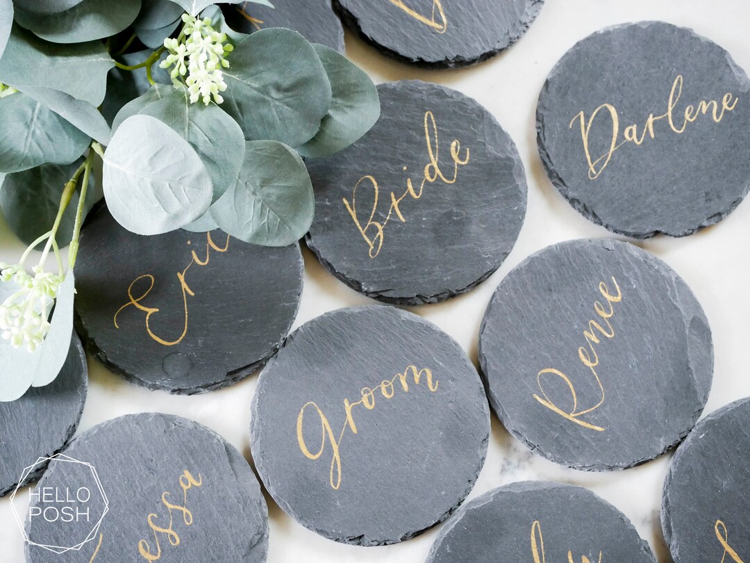 4 Slate Place Cards. Slate Coasters Escort Cards. Custom Calligraphy