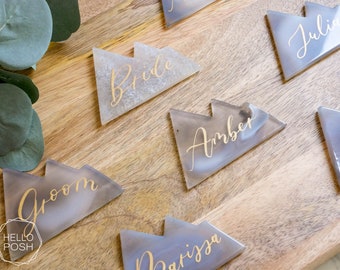 cartões de lugar de MONTANHA de ágata cinza. cartões de acompanhantes em ágata cinza claro. decoração de casamento.