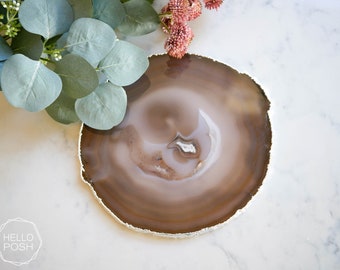 NST-04 GRAY agate platter. SILVER rims. gemstone trivet. Large agate cheese plate wall home decor art. thin agate platter