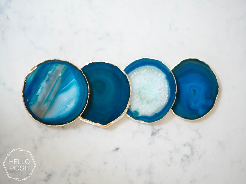 24K GOLD rim coaster set green blue coasters tg01 Teal agate coasters white crystal gem coasters luxury home decor gift