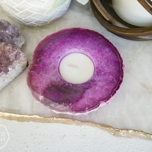 Pink Agate Tealight Holder: Natural Gemstone Home Decor Gift
