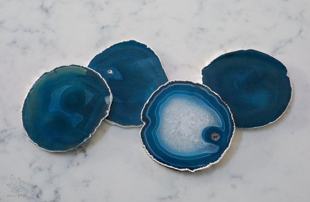 TS10 Teal Agate Coasters. Green Blue Coasters. Gem Coasters. Silver Rim