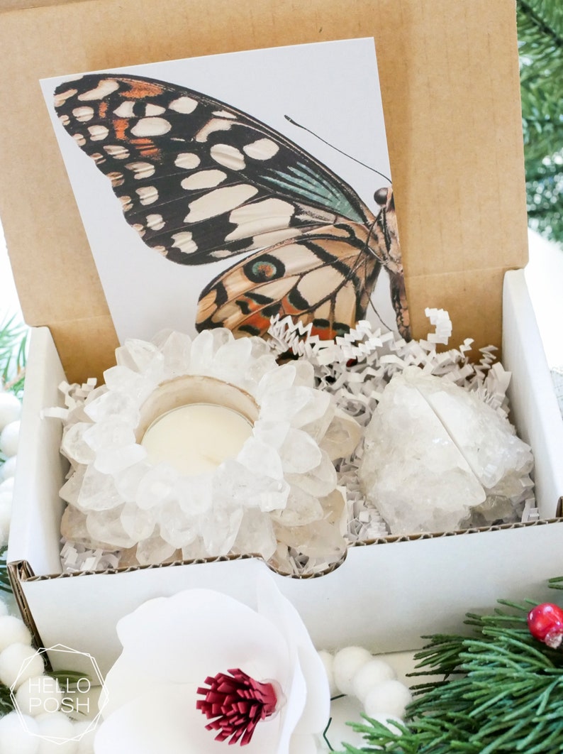 CRYSTAL LOVER gift set. crystal quartz lotus candle holder. crystal card holder. gift box. gift basket image 5