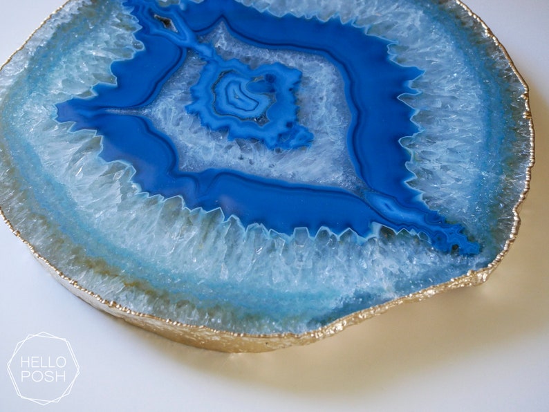 BG08 Blue agate platter with GOLD rim. gemstone trivet. Blue agate cheese plate home decor image 3