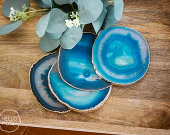 Teal agate coasters. green blue coasters. white crystal gem coasters. GOLD rim coaster set. luxury home decor gift