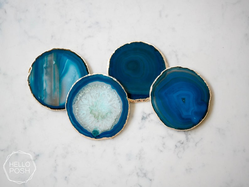 24K GOLD rim coaster set green blue coasters tg01 Teal agate coasters white crystal gem coasters luxury home decor gift