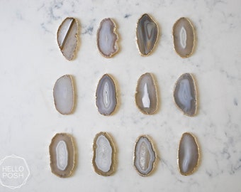 Gold plated light gray agate slices. DRILLED agate slices. jewelry agate pendant