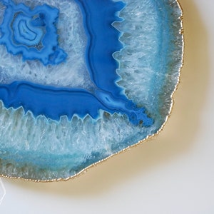 BG08 Blue agate platter with GOLD rim. gemstone trivet. Blue agate cheese plate home decor image 2