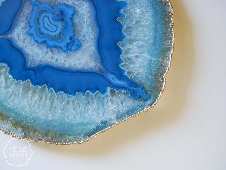 BG08 Blue agate platter with GOLD rim. gemstone trivet. Blue agate cheese plate home decor image 2