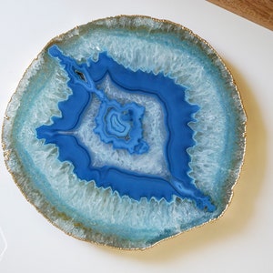 BG08 Blue agate platter with GOLD rim. gemstone trivet. Blue agate cheese plate home decor image 1