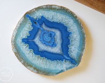 BG08 Blue agate platter with GOLD rim. gemstone trivet. Blue agate cheese plate home decor