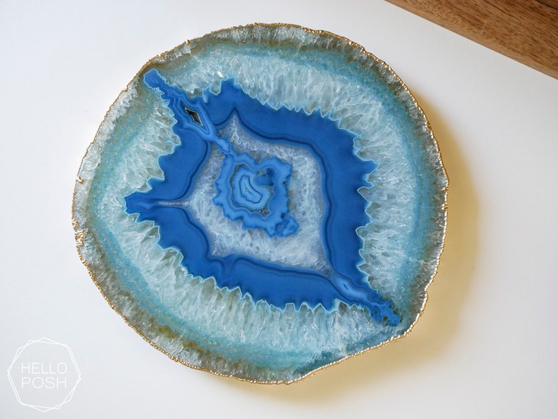 BG08 Blue agate platter with GOLD rim. gemstone trivet. Blue agate cheese plate home decor image 1