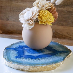 BG08 Blue agate platter with GOLD rim. gemstone trivet. Blue agate cheese plate home decor image 5