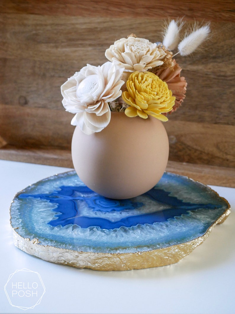 BG08 Blue agate platter with GOLD rim. gemstone trivet. Blue agate cheese plate home decor image 5