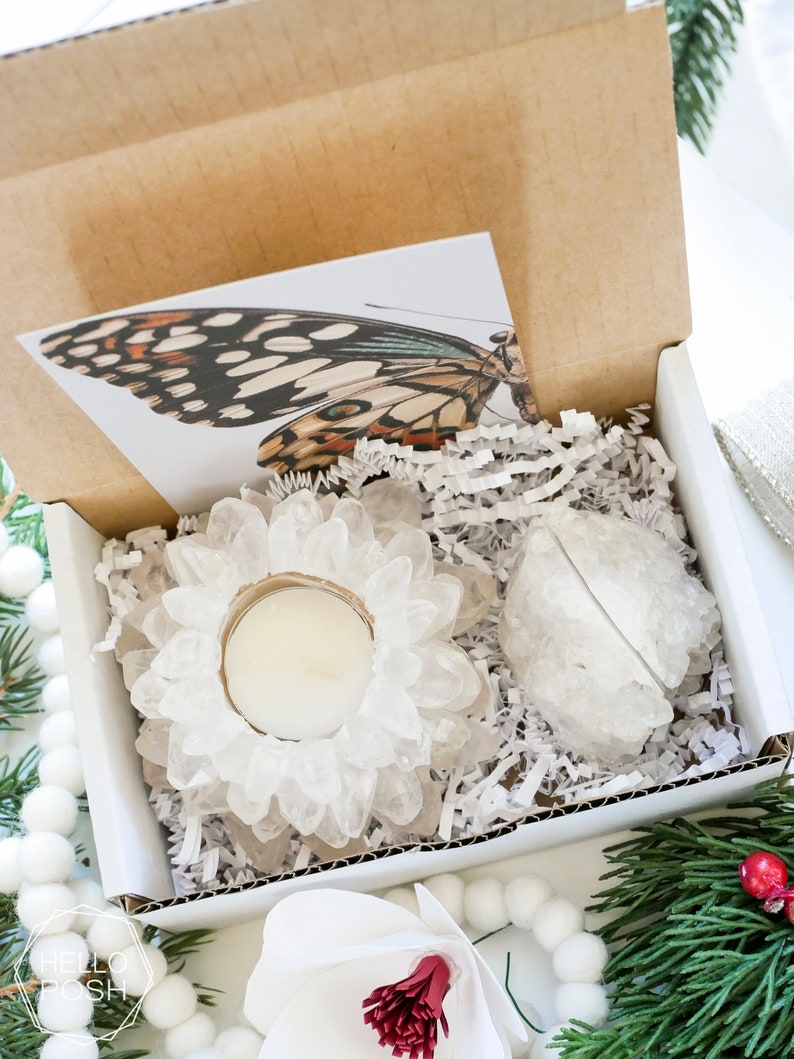 CRYSTAL LOVER gift set. crystal quartz lotus candle holder. crystal card holder. gift box. gift basket image 4