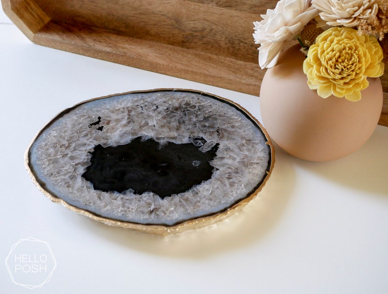 BKG03 Black agate platter with GOLD rim. small gemstone trivet. home decor image 2