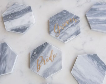 3" Gray marble Hexagon Escort Cards. Wedding place cards. Gray Marble Tile Modern Calligraphy. custom escort tiles