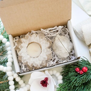 CRYSTAL LOVER gift set. crystal quartz lotus candle holder. crystal card holder. gift box. gift basket image 2