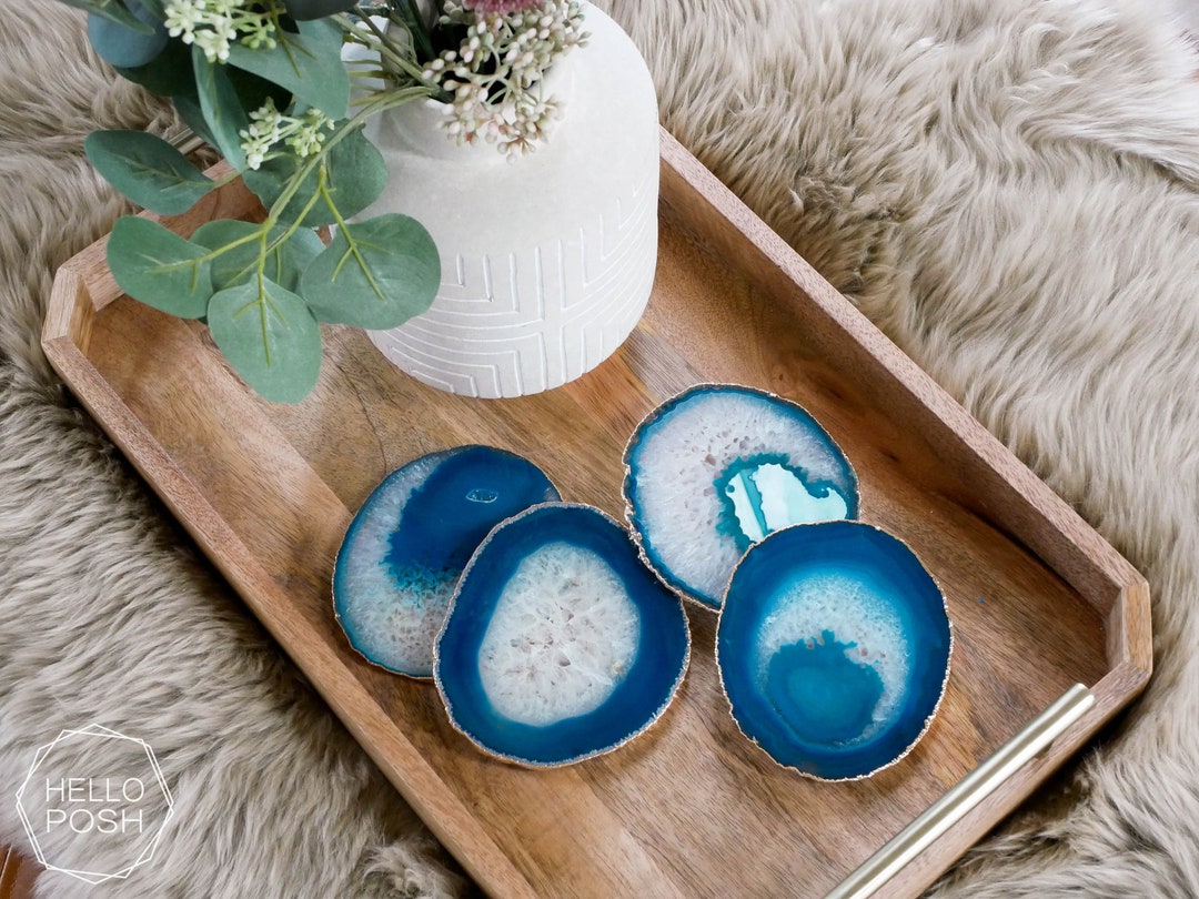 Tg07 Teal Agate Coasters. Green Blue Coasters. White Crystal Gem