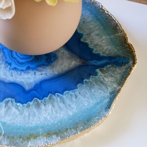 BG08 Blue agate platter with GOLD rim. gemstone trivet. Blue agate cheese plate home decor image 6