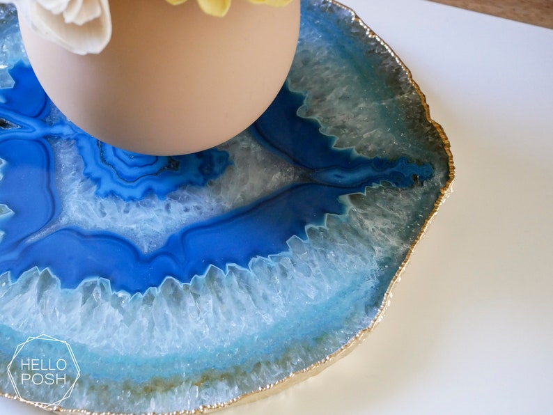 BG08 Blue agate platter with GOLD rim. gemstone trivet. Blue agate cheese plate home decor image 6