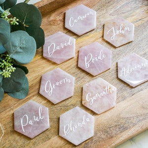 Large Rose quartz HEXAGON place cards. light pink quartz wedding decor. name tags wedding escort cards quartz slices geometric calligraphy image 1