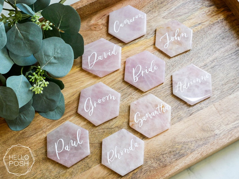 Large Rose quartz HEXAGON place cards. light pink quartz wedding decor. name tags wedding escort cards quartz slices geometric calligraphy image 1